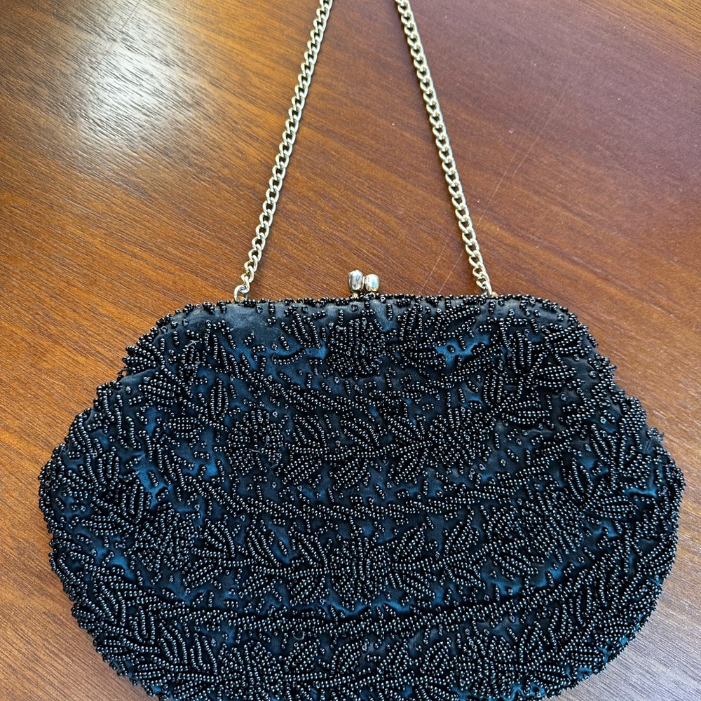 Walborg Black Beaded Clutch with Gold Chain